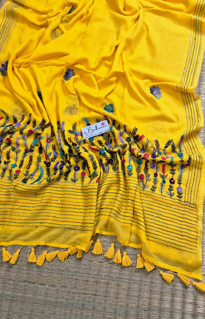 Mohini | Soft Yellow Mul Mul Cotton Saree with Handcrafted Bullion Stich