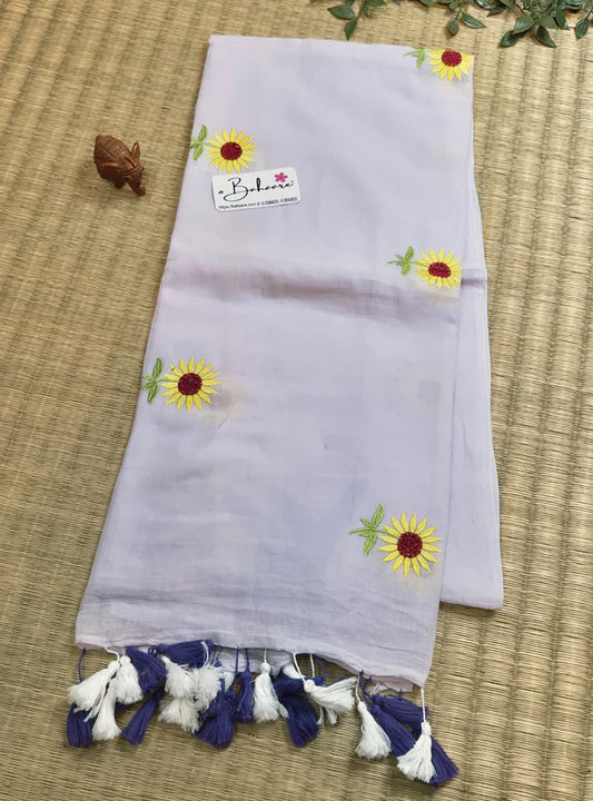 Mohini | Powder Lavender Mul Mul Cotton Saree with Flower Motif