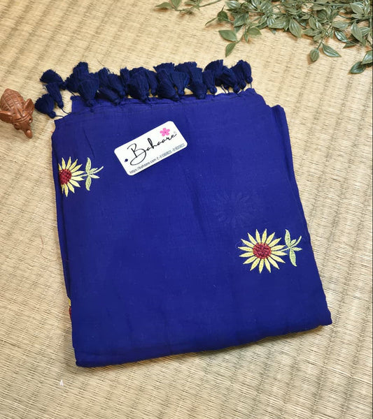 Mohini | Navy Blue Mul Mul Cotton Saree with Flower Motif
