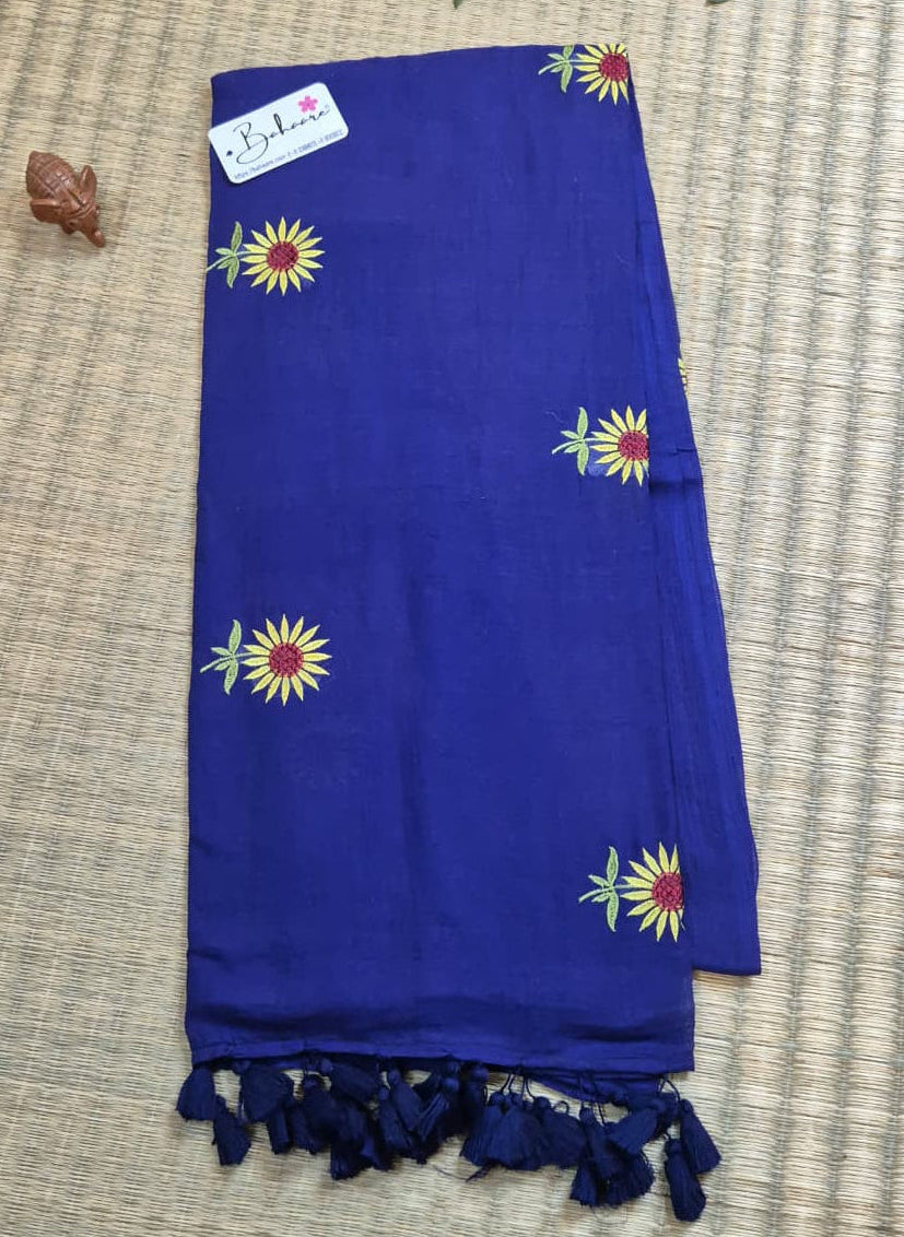 Mohini | Navy Blue Mul Mul Cotton Saree with Flower Motif