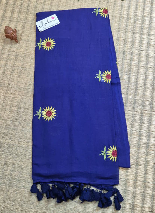 Mohini | Navy Blue Mul Mul Cotton Saree with Flower Motif