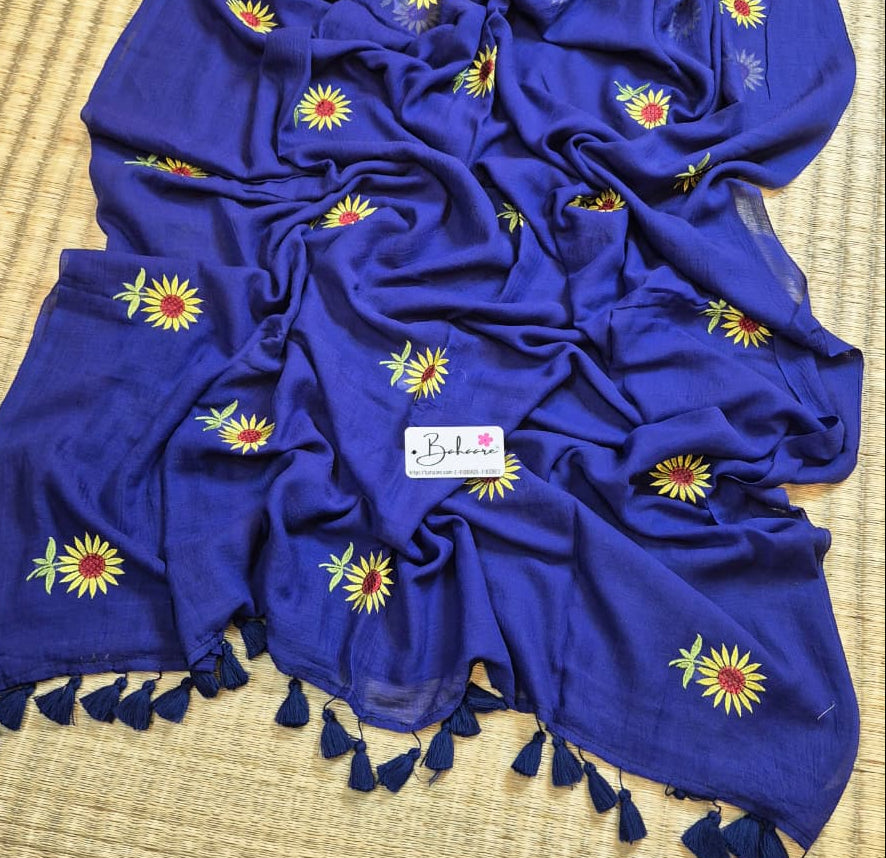 Mohini | Navy Blue Mul Mul Cotton Saree with Flower Motif