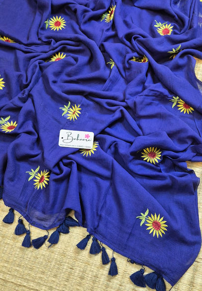 Mohini | Navy Blue Mul Mul Cotton Saree with Flower Motif