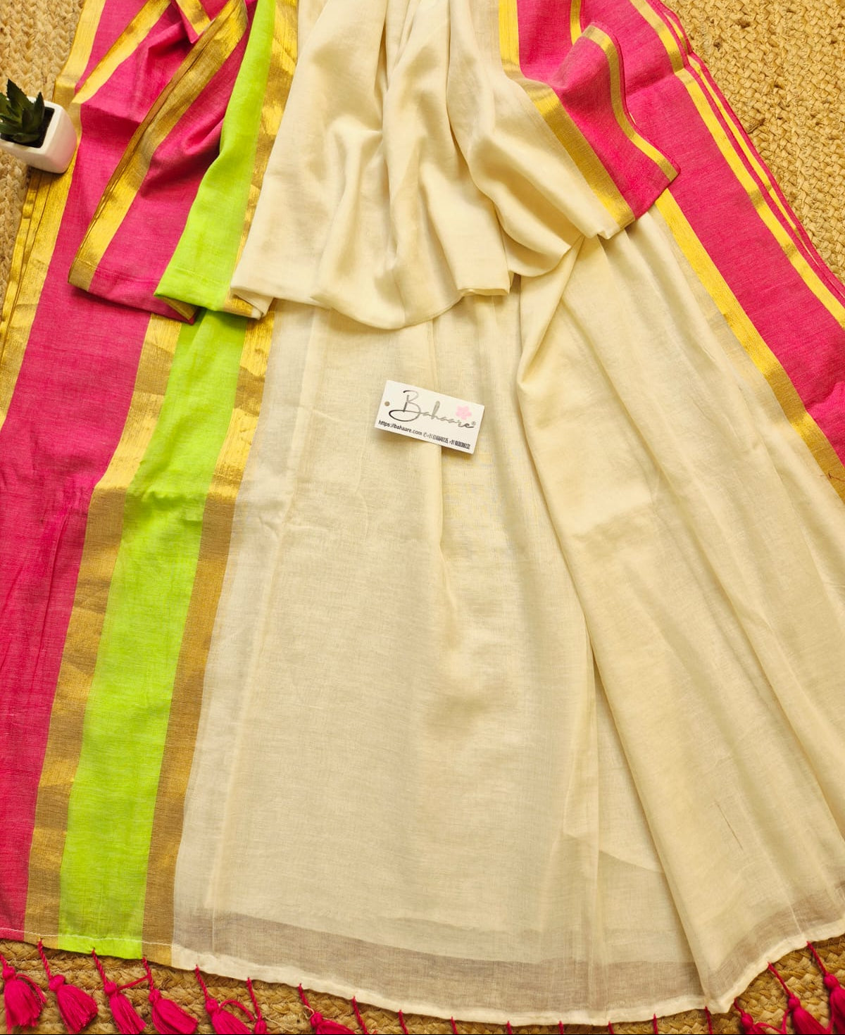 Noor | Soft Beige Mul Mul Cotton Saree with Multicoloured Border
