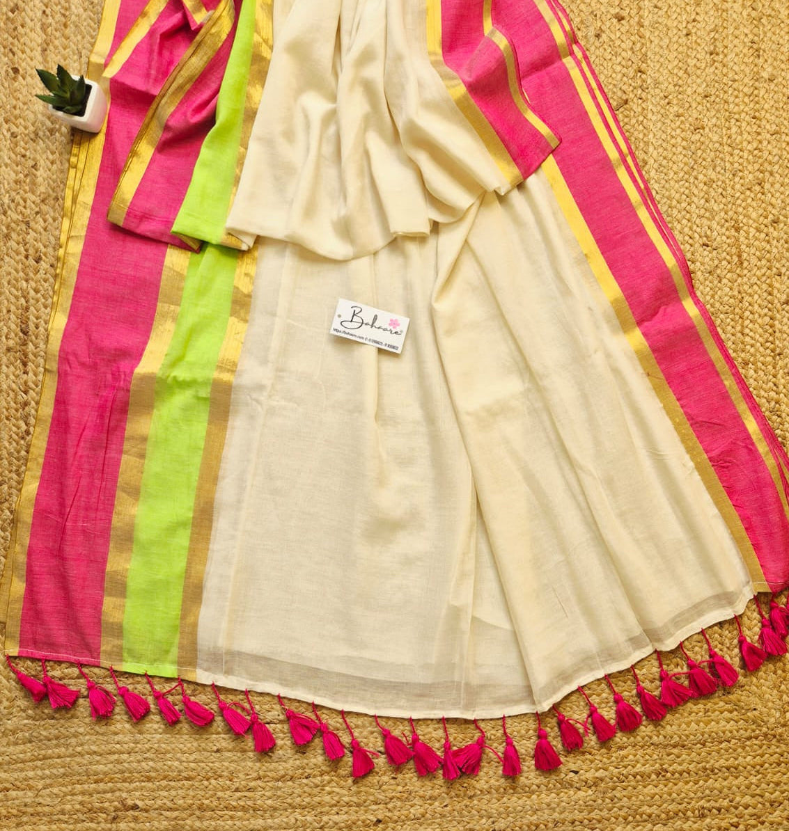 Noor | Soft Beige Mul Mul Cotton Saree with Multicoloured Border