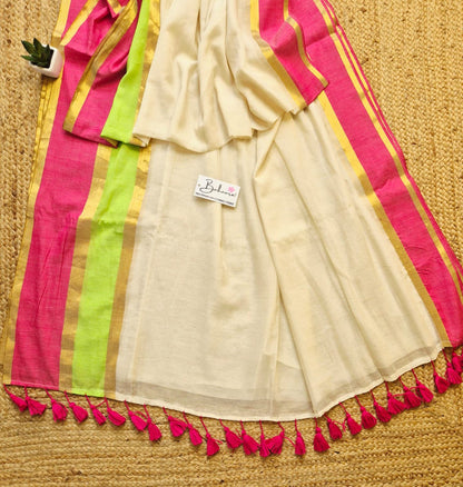 Noor | Soft Beige Mul Mul Cotton Saree with Multicoloured Border