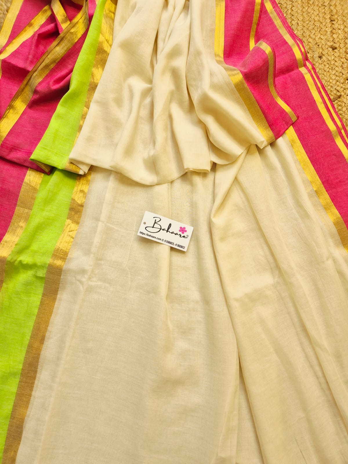 Noor | Soft Beige Mul Mul Cotton Saree with Multicoloured Border