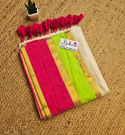 Noor | Soft Beige Mul Mul Cotton Saree with Multicoloured Border