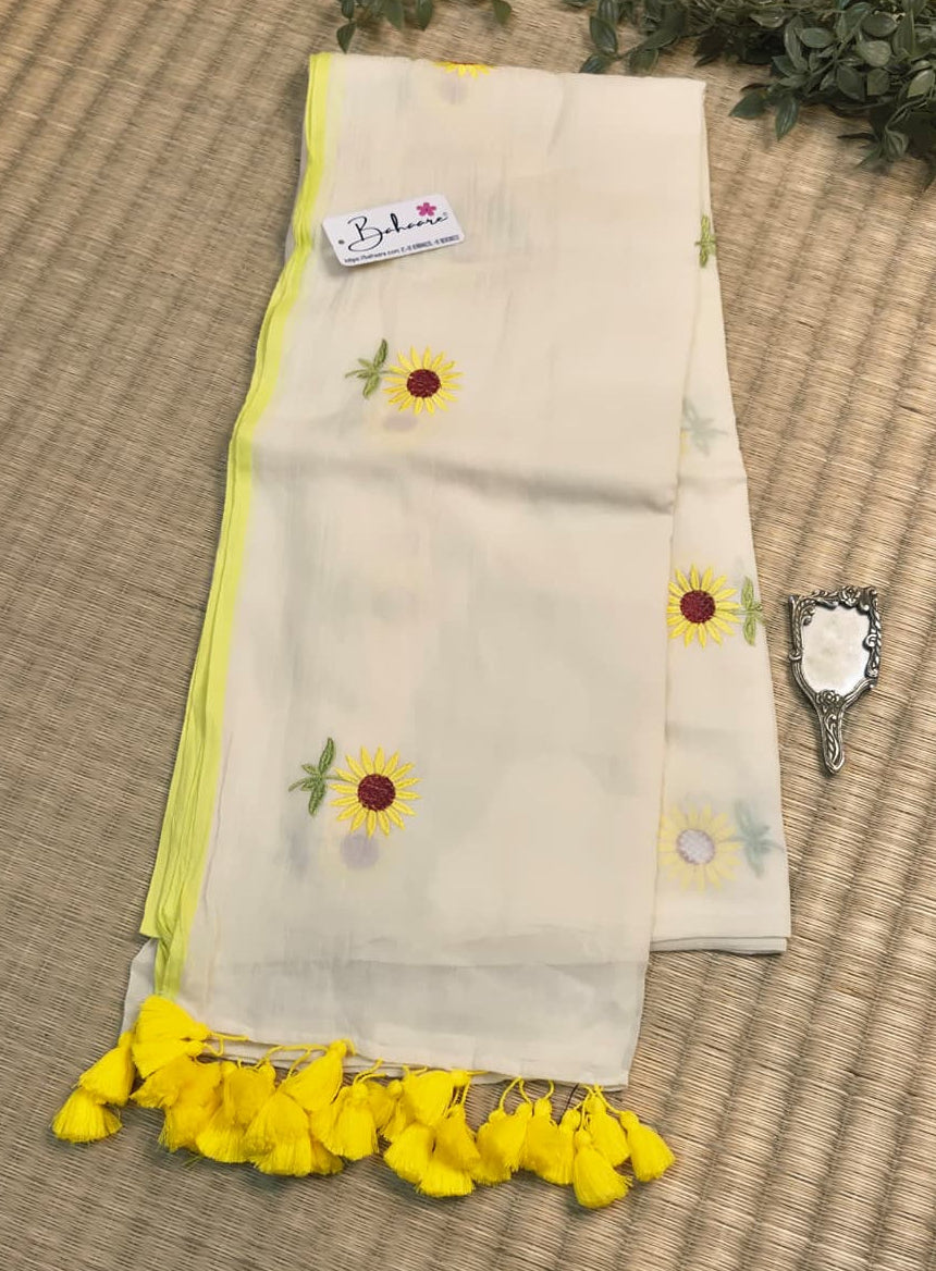 Mohini | Curdy White Mul Mul Cotton Saree with Flower Motif