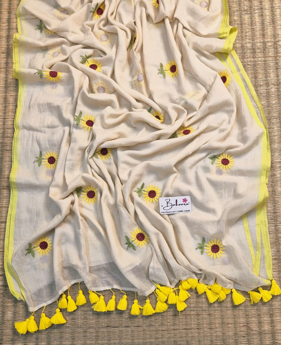 Mohini | Curdy White Mul Mul Cotton Saree with Flower Motif