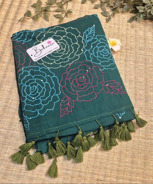 Mohini | Forest Green Mul Mul Cotton Saree with Kantha Hand Embroidery