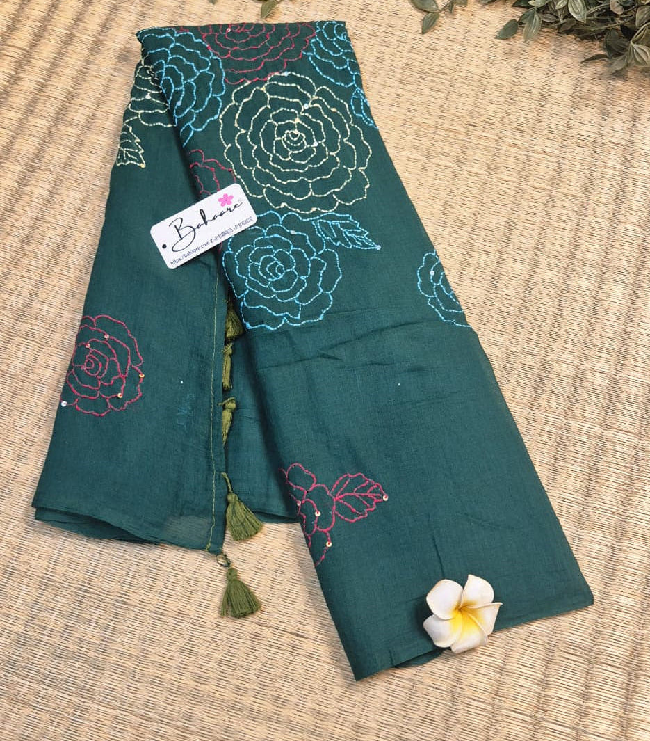Mohini | Forest Green Mul Mul Cotton Saree with Kantha Hand Embroidery