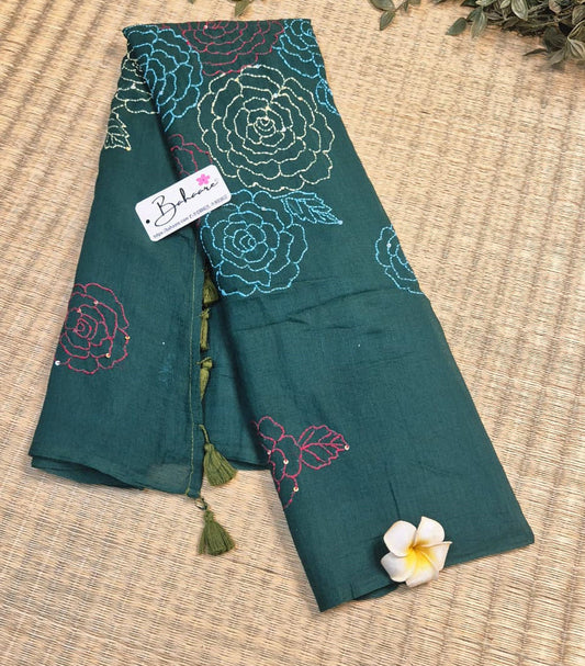Mohini | Forest Green Mul Mul Cotton Saree with Kantha Hand Embroidery