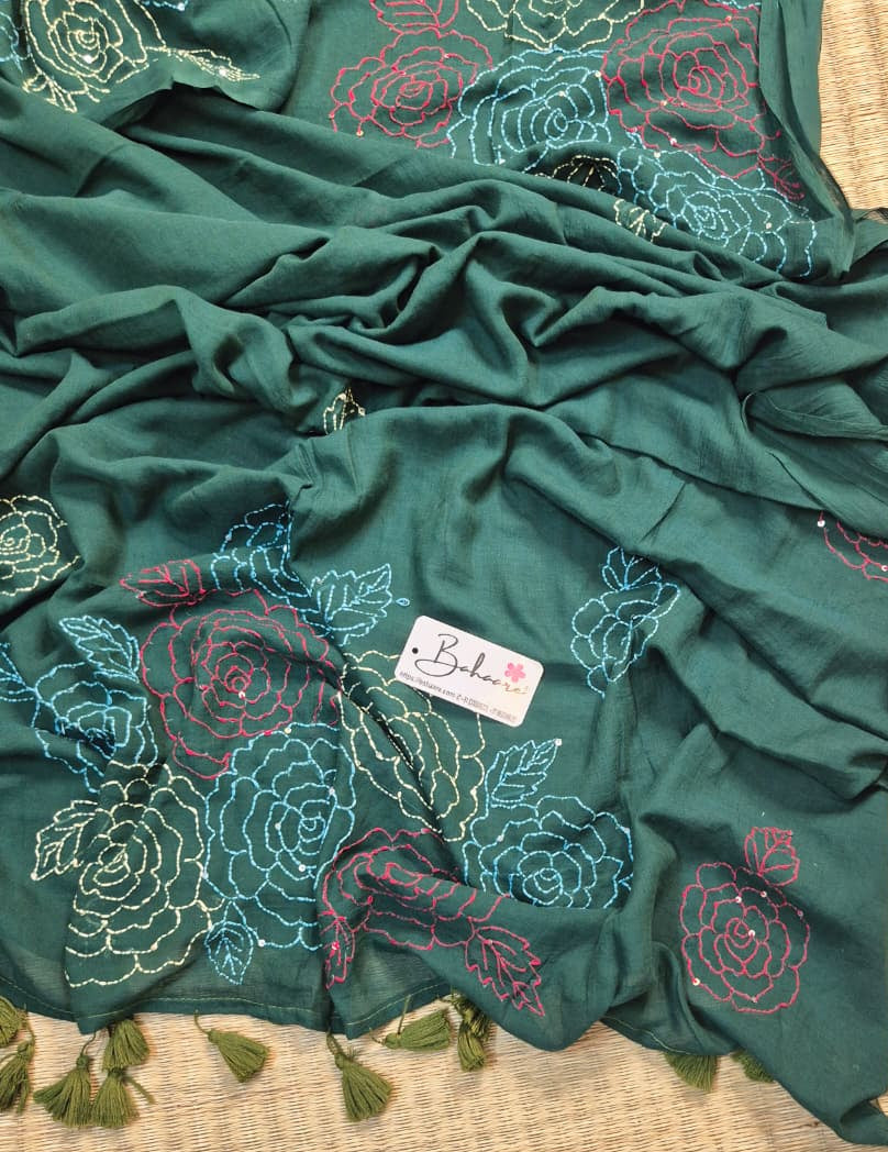 Mohini | Forest Green Mul Mul Cotton Saree with Kantha Hand Embroidery