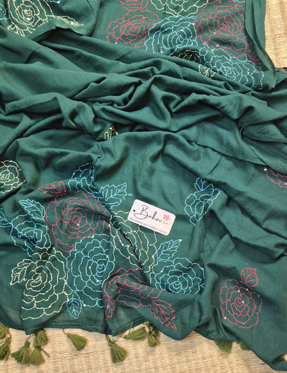 Mohini | Forest Green Mul Mul Cotton Saree with Kantha Hand Embroidery
