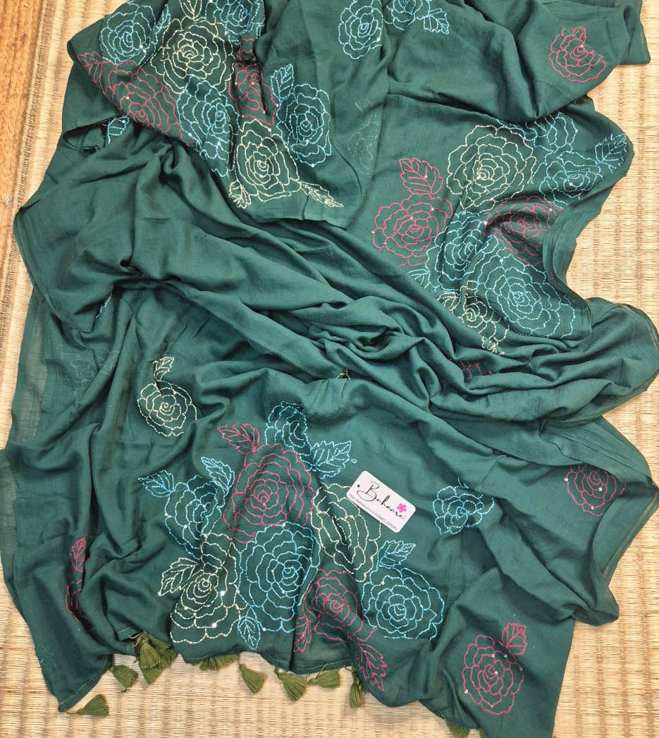 Mohini | Forest Green Mul Mul Cotton Saree with Kantha Hand Embroidery