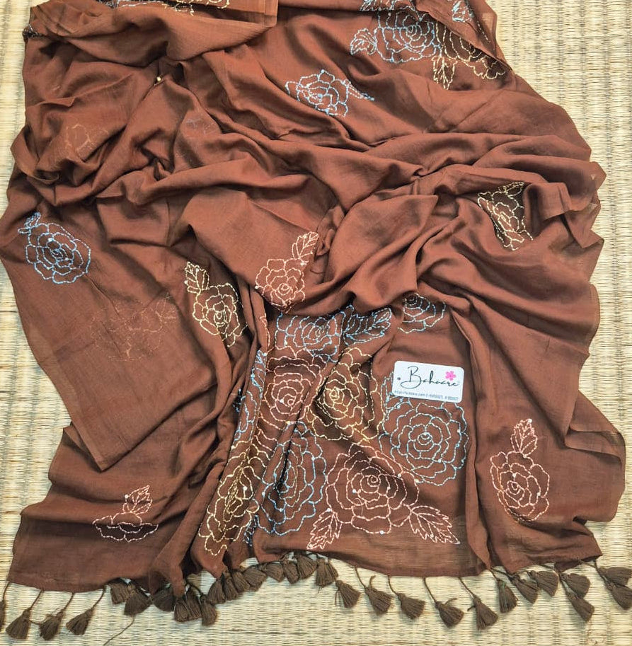 Mohini | Coco Brown Mul Mul Cotton Saree with Kantha Hand Embroidery