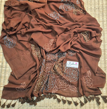 Mohini | Coco Brown Mul Mul Cotton Saree with Kantha Hand Embroidery
