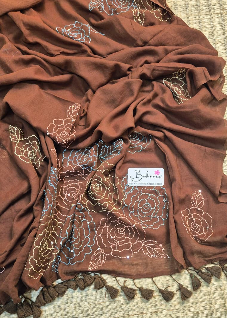 Mohini | Coco Brown Mul Mul Cotton Saree with Kantha Hand Embroidery