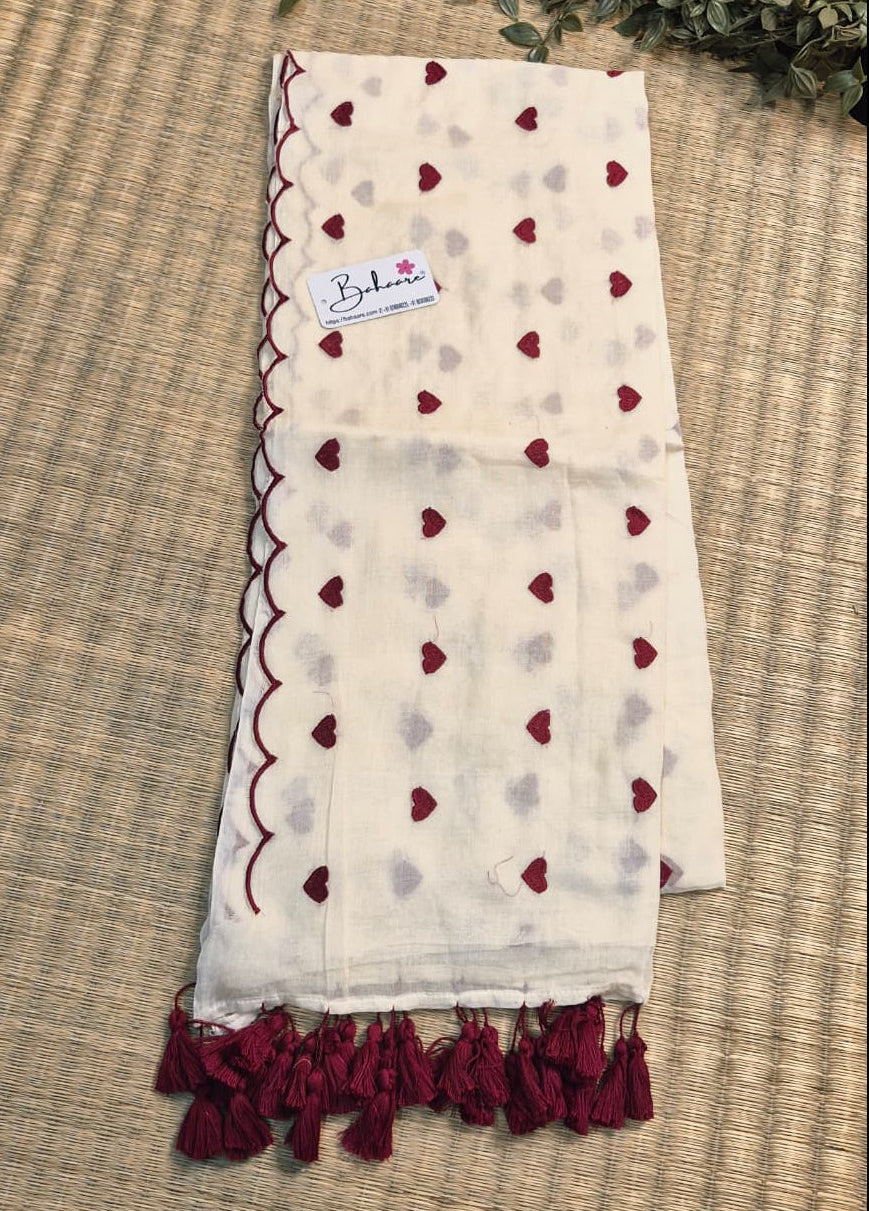 Dil | Ivory White Mul Mul Cotton Saree with Scallop Border
