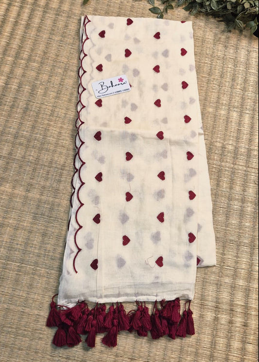 Dil | Ivory White Mul Mul Cotton Saree with Scallop Border