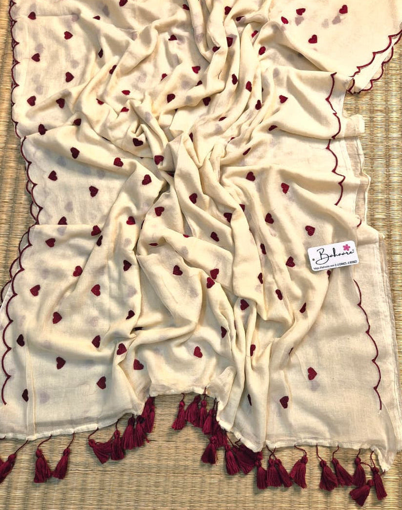 Dil | Ivory White Mul Mul Cotton Saree with Scallop Border