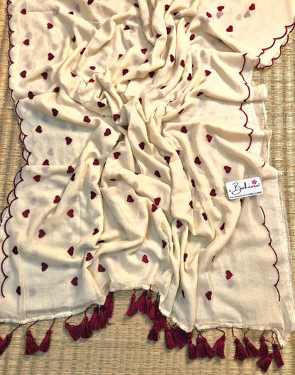 Dil | Ivory White Mul Mul Cotton Saree with Scallop Border