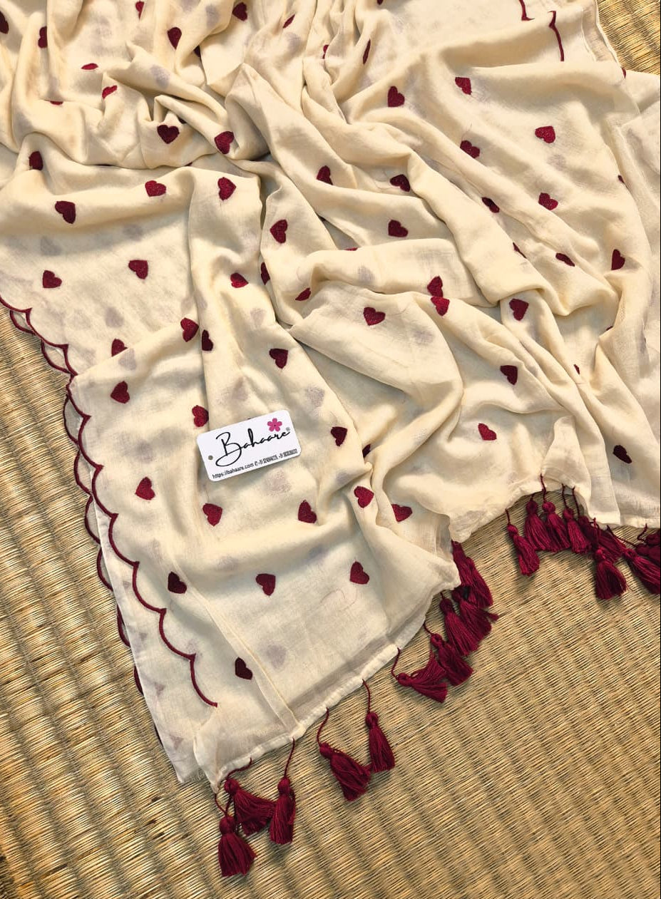 Dil | Ivory White Mul Mul Cotton Saree with Scallop Border