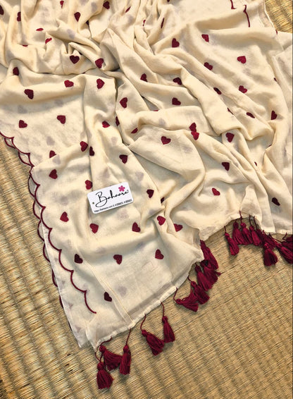 Dil | Ivory White Mul Mul Cotton Saree with Scallop Border