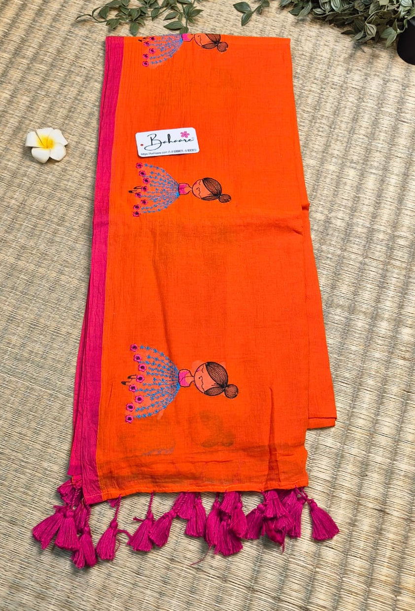 Noor | Orange Mul Mul Cotton Saree with Doll Motif