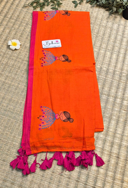 Noor | Orange Mul Mul Cotton Saree with Doll Motif