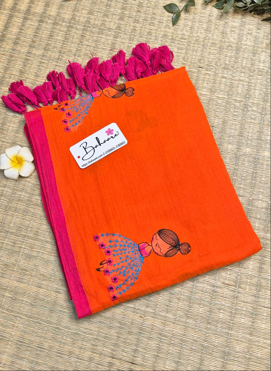 Noor | Orange Mul Mul Cotton Saree with Doll Motif