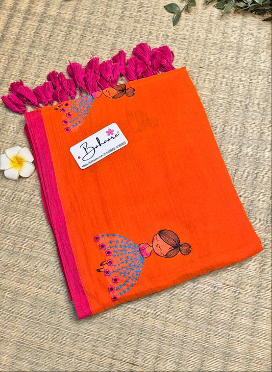 Noor | Orange Mul Mul Cotton Saree with Doll Motif