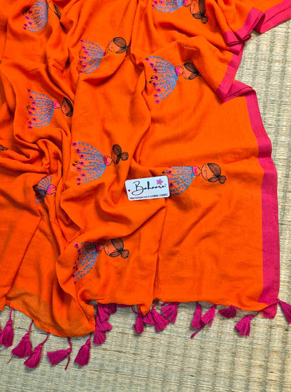 Noor | Orange Mul Mul Cotton Saree with Doll Motif