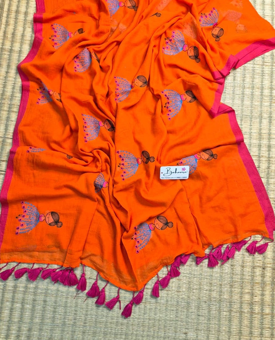 Noor | Orange Mul Mul Cotton Saree with Doll Motif