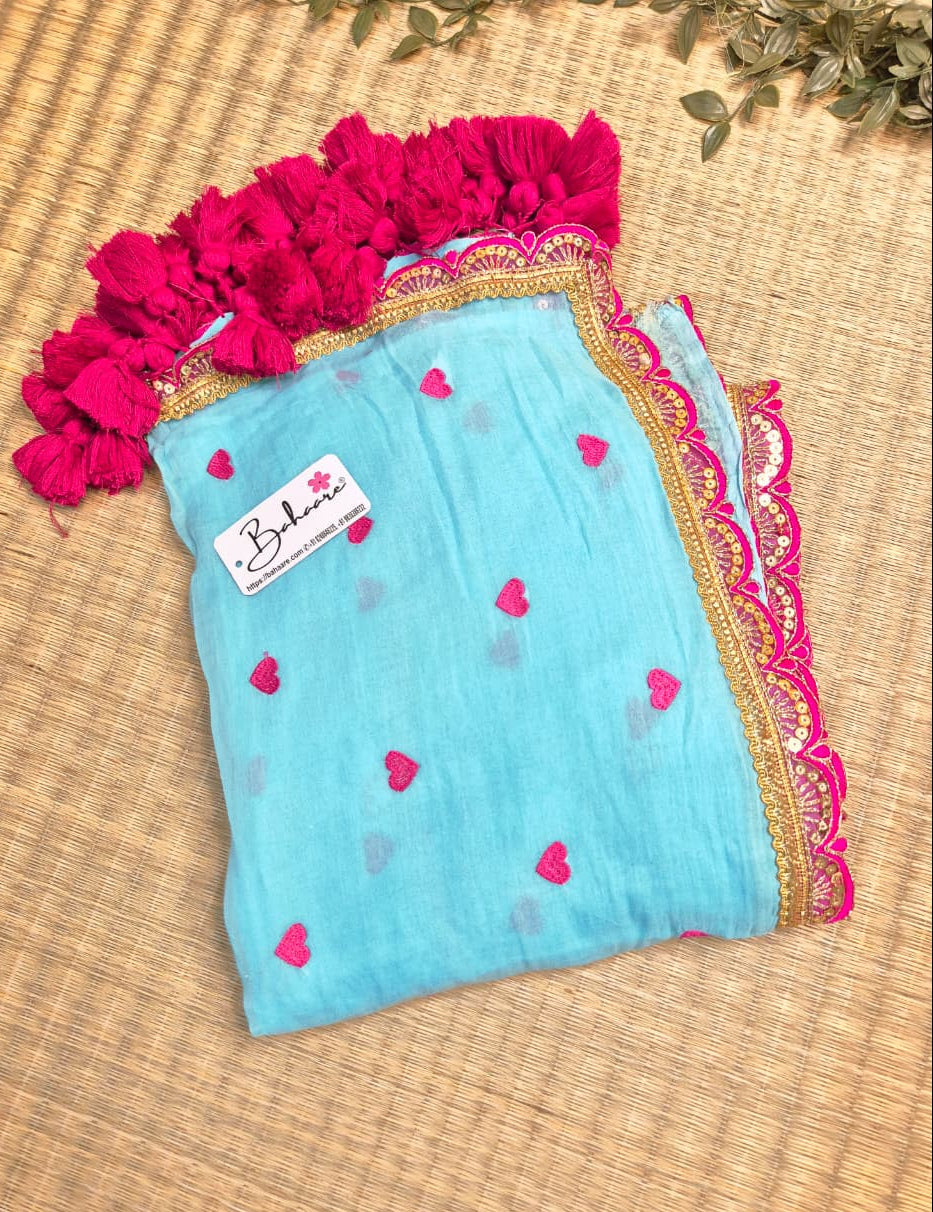 Dil | Powder Blue Mul Mul Cotton Saree with Golden Zari Lace