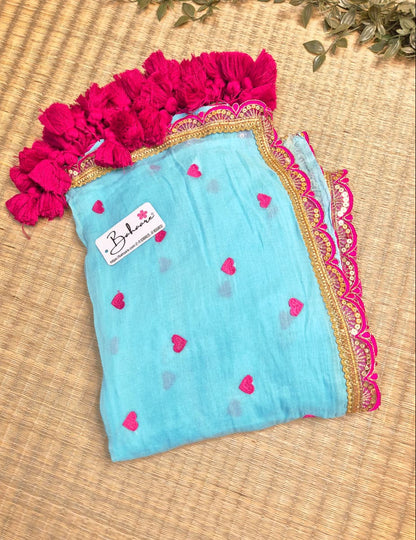 Dil | Powder Blue Mul Mul Cotton Saree with Golden Zari Lace