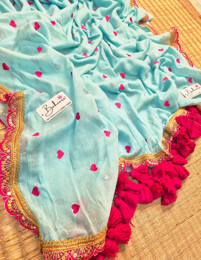 Dil | Powder Blue Mul Mul Cotton Saree with Golden Zari Lace