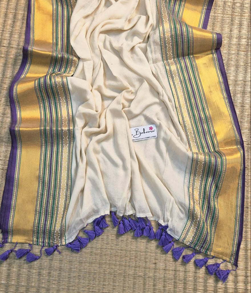 Noor | Off White Mul Mul Cotton Saree with Kanchi Border