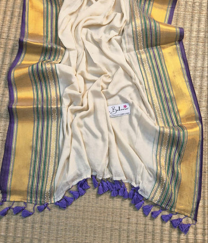 Noor | Off White Mul Mul Cotton Saree with Kanchi Border