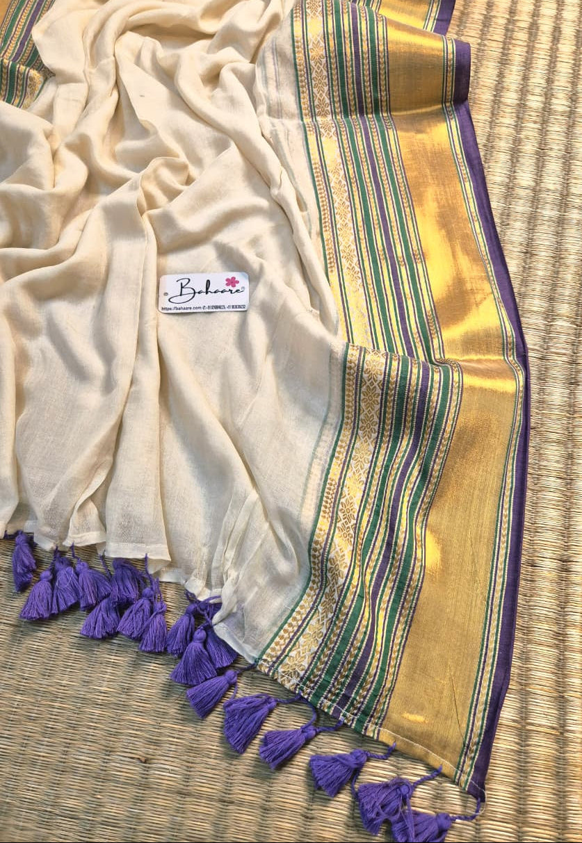 Noor | Off White Mul Mul Cotton Saree with Kanchi Border