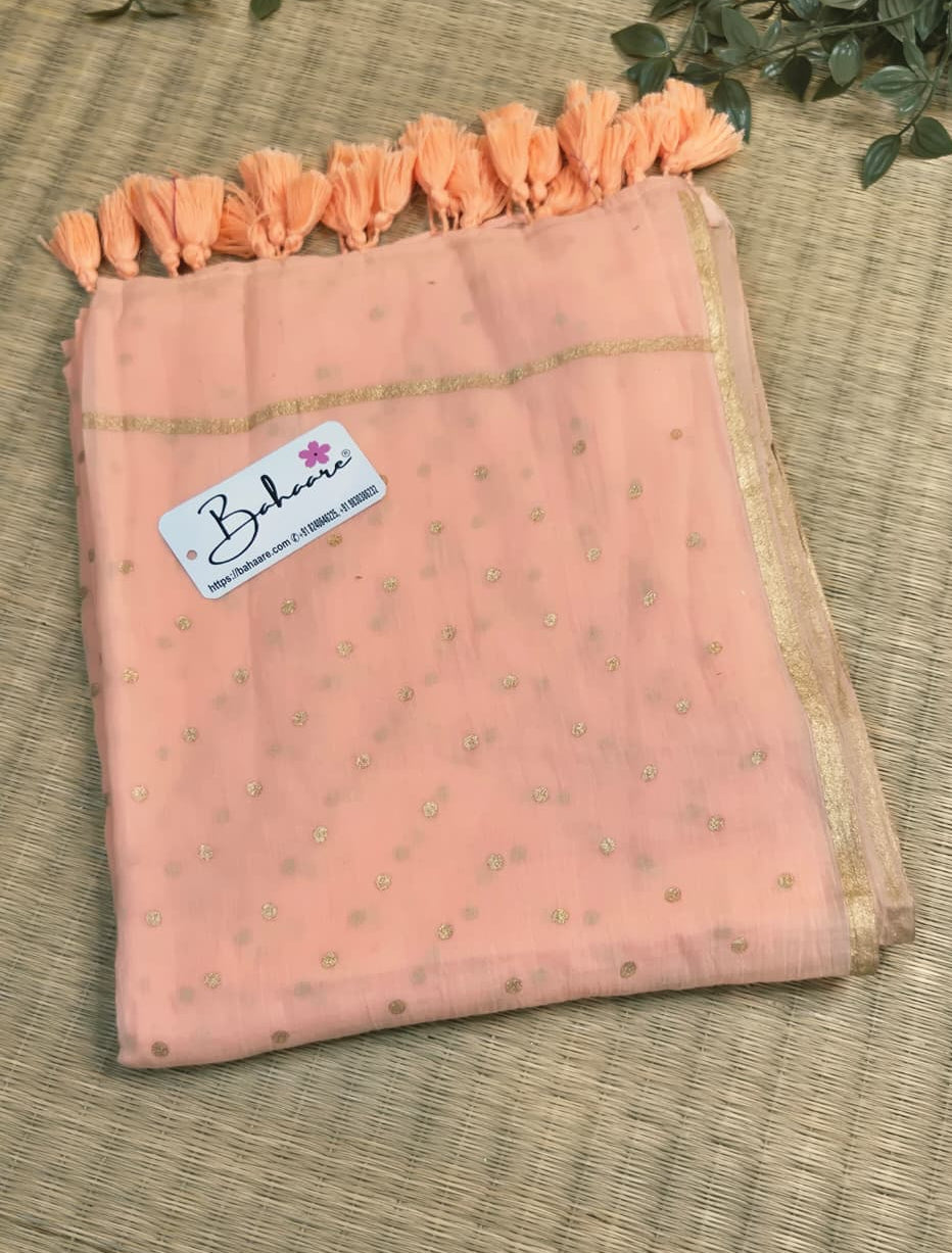 Polka Passion | Light Peach Mul Mul Cotton Saree with Golden Polka Dots