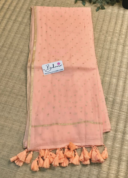 Polka Passion | Light Peach Mul Mul Cotton Saree with Golden Polka Dots