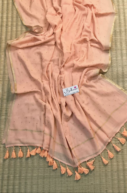 Polka Passion | Light Peach Mul Mul Cotton Saree with Golden Polka Dots