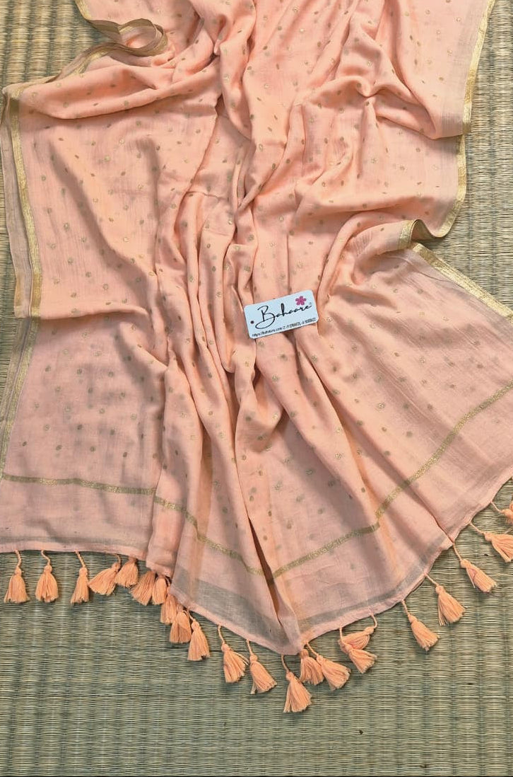 Polka Passion | Light Peach Mul Mul Cotton Saree with Golden Polka Dots