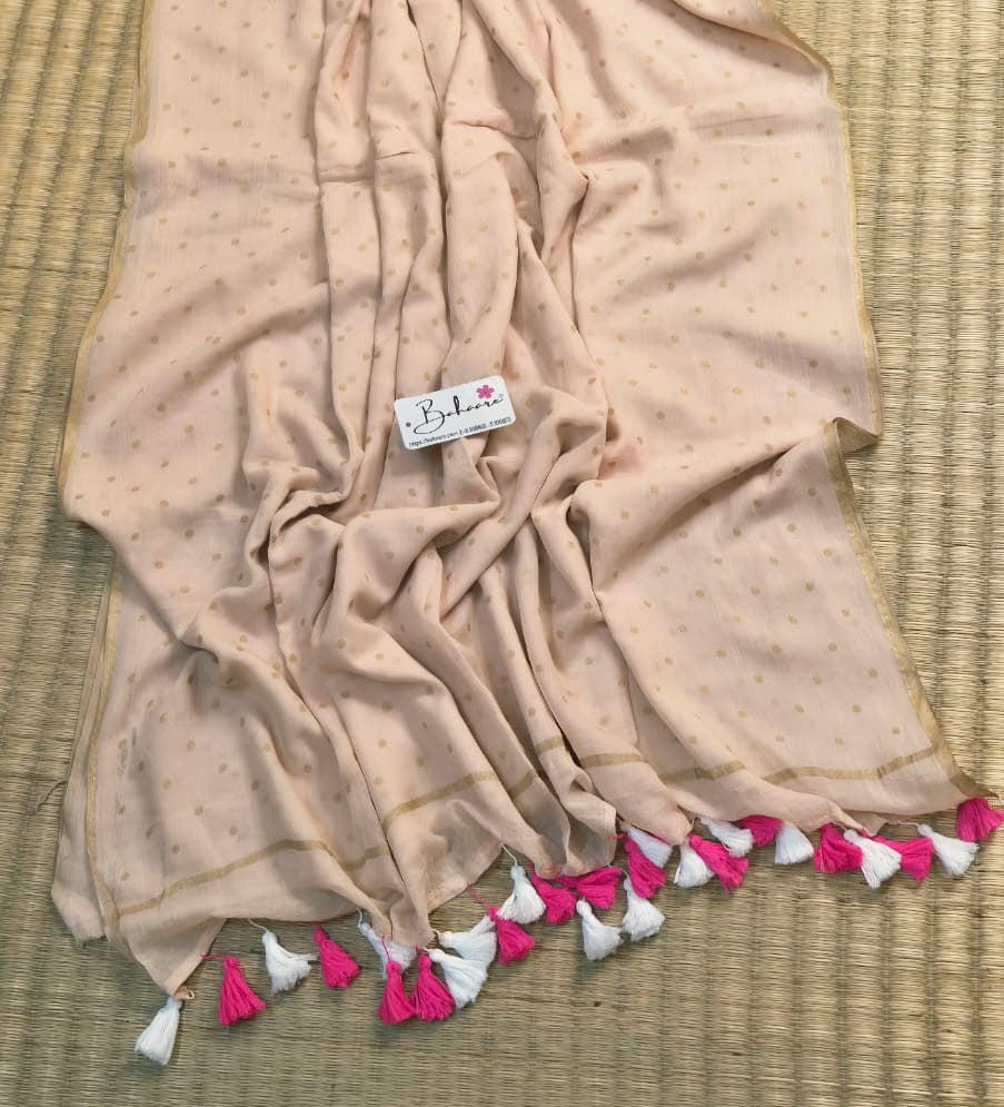 Polka Passion | Soft Ivory Mul Mul Cotton Saree with Golden Polka Dots
