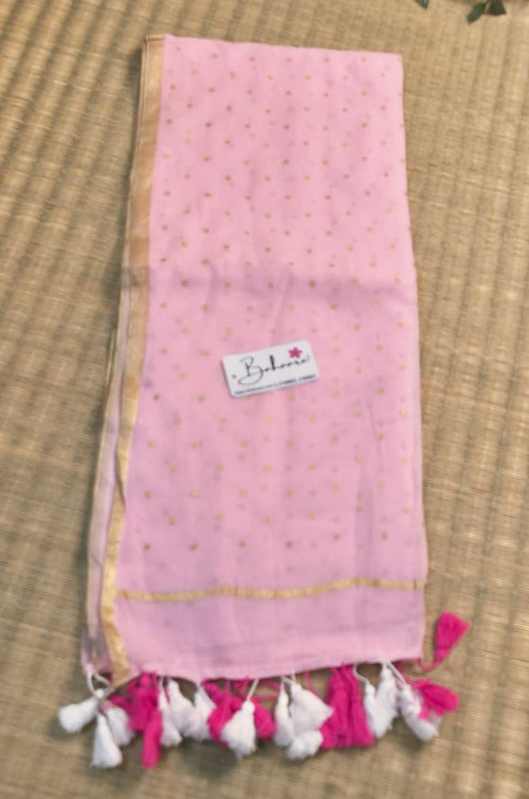Polka Passion | Blush Pink Mul Mul Cotton Saree with Golden Polka Dots