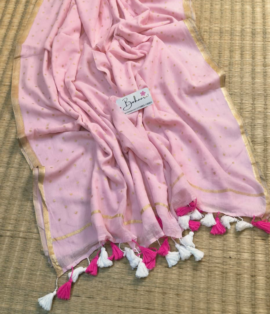 Polka Passion | Blush Pink Mul Mul Cotton Saree with Golden Polka Dots