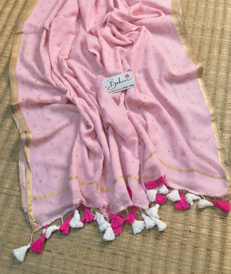 Polka Passion | Blush Pink Mul Mul Cotton Saree with Golden Polka Dots