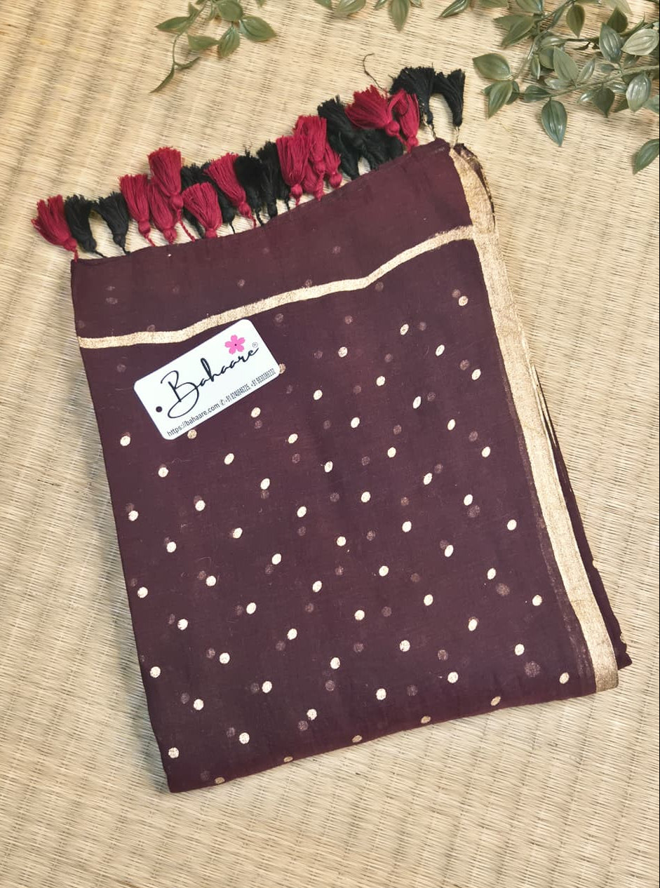 Polka Passion | Mocha Maroon Mul Mul Cotton Saree with Golden Polka Dots
